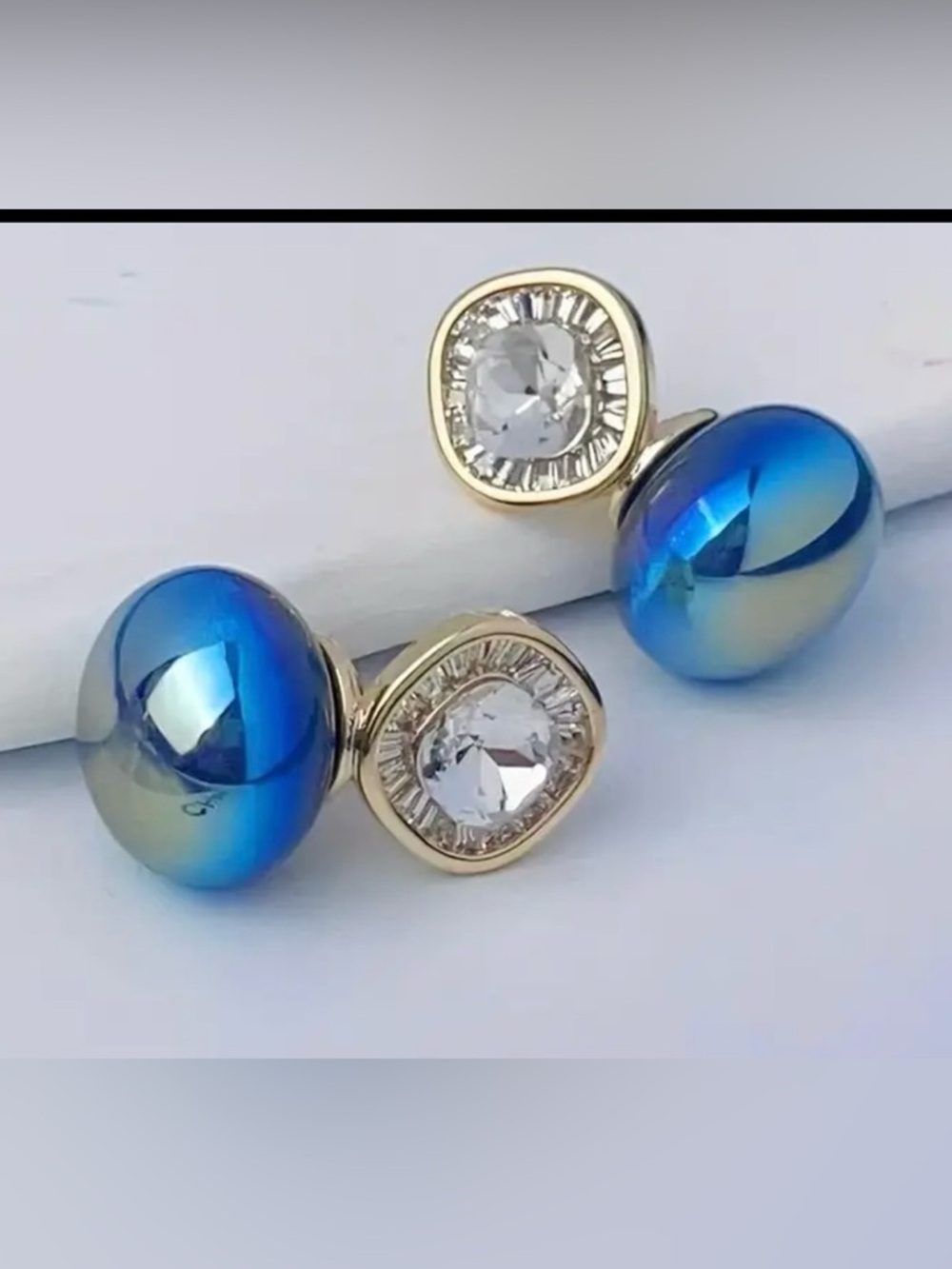 New Absolutely Beautiful Blue Aurora Crystal Stud Earrings with Gold Accent